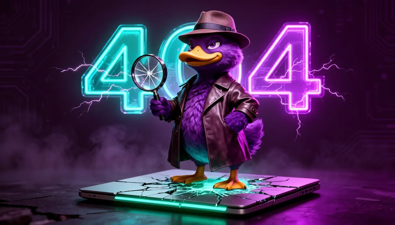 Pato detective mascota de CryptoStrapon con lupa rota sobre laptop agrietado y holograma 404 neón rojo