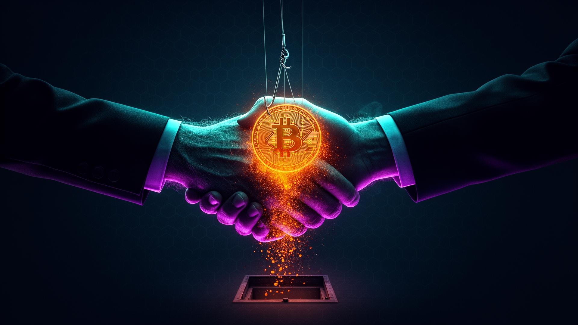 Advertencia de estafa de apretón de manos de 5,000 BTC mostrando procedimientos de verificación falsos