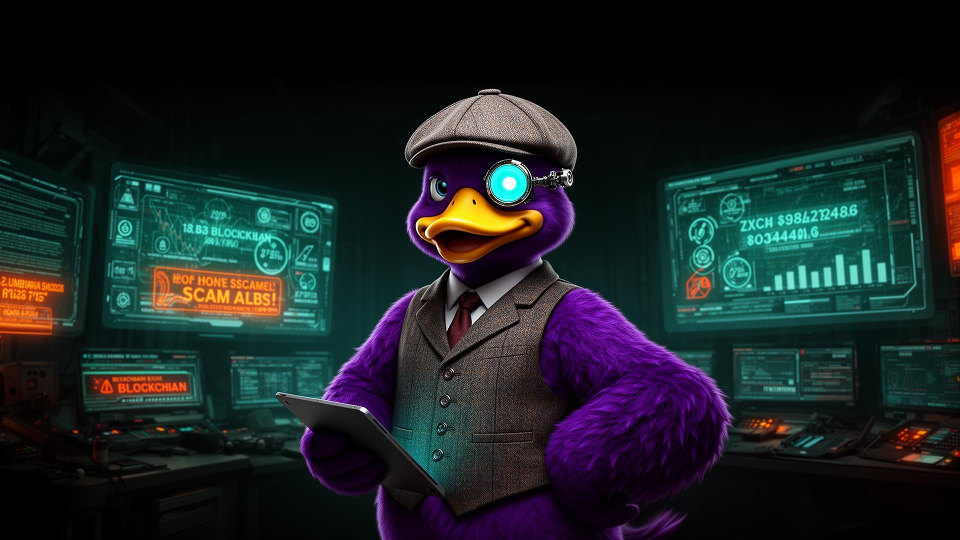 Cyberpunk duck detective in CryptoStrapon command center analyzing blockchain scam signals