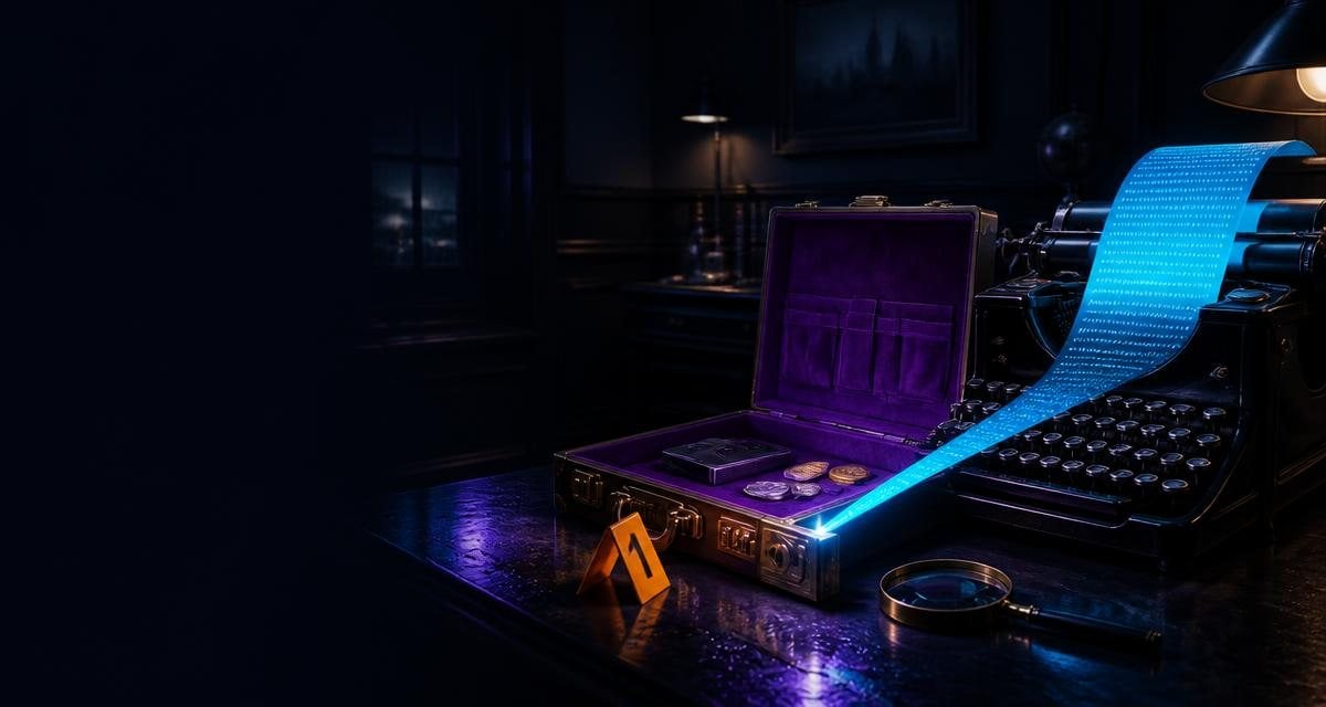 Prompt injection investigation 2026: a violet glass robot head fed a glowing cyan instruction card while coins drain from an open vault through a pipe under an orange warning sign — CryptoStrapon