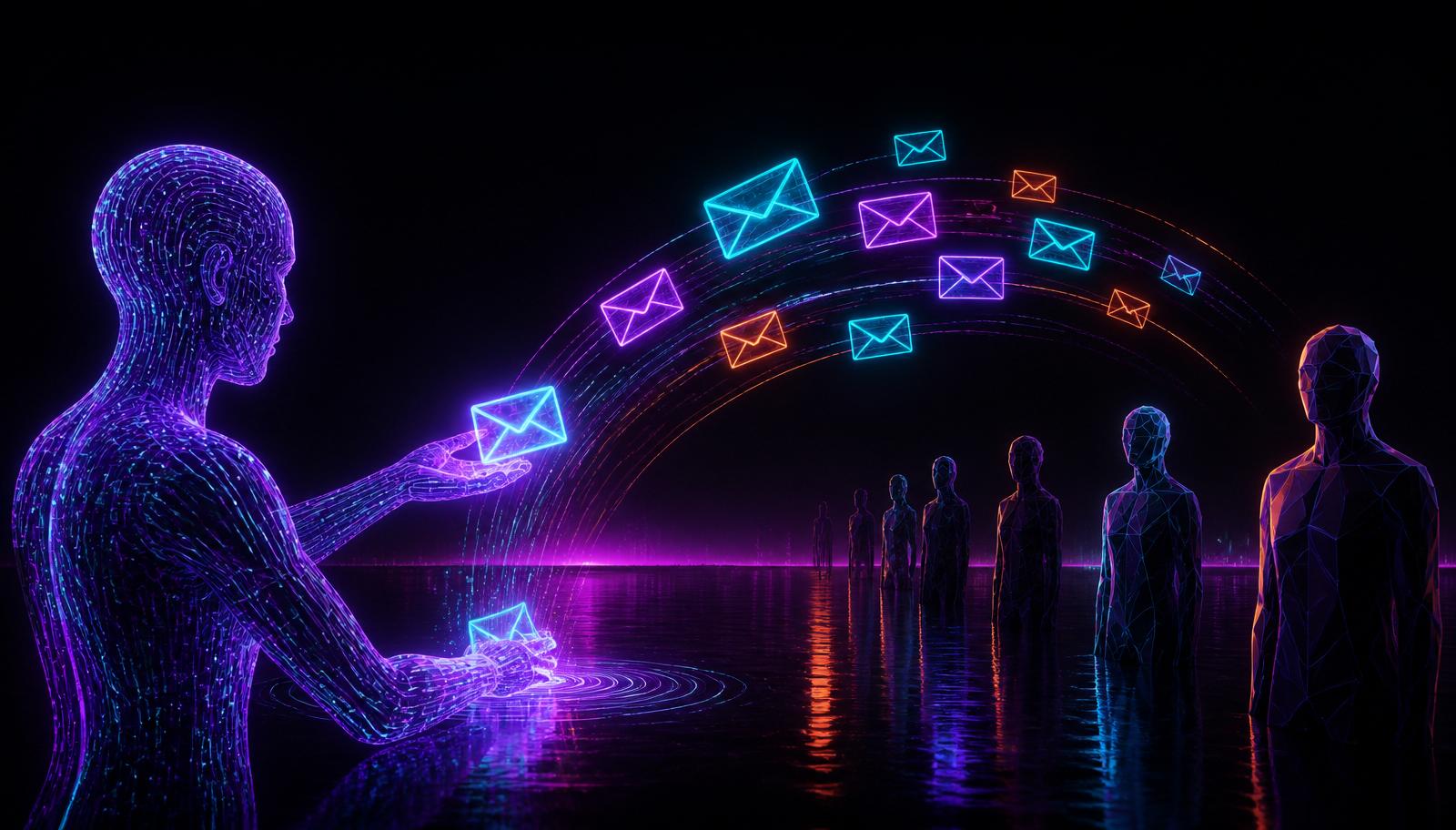 Estafa de VC falso 2026: ilustración cyberpunk de un agente IA suplantando a un VC Web3 y disparando emails phishing a un fundador — CryptoStrapon