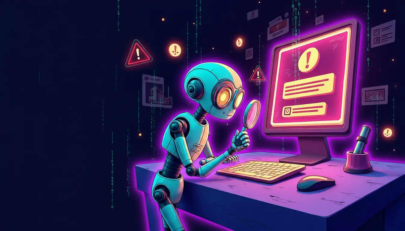Cyan AI robot with magnifying glass scanning a phishing alert on screen, surrounded by neon purple glow, red warning triangles, and matrix-style falling code