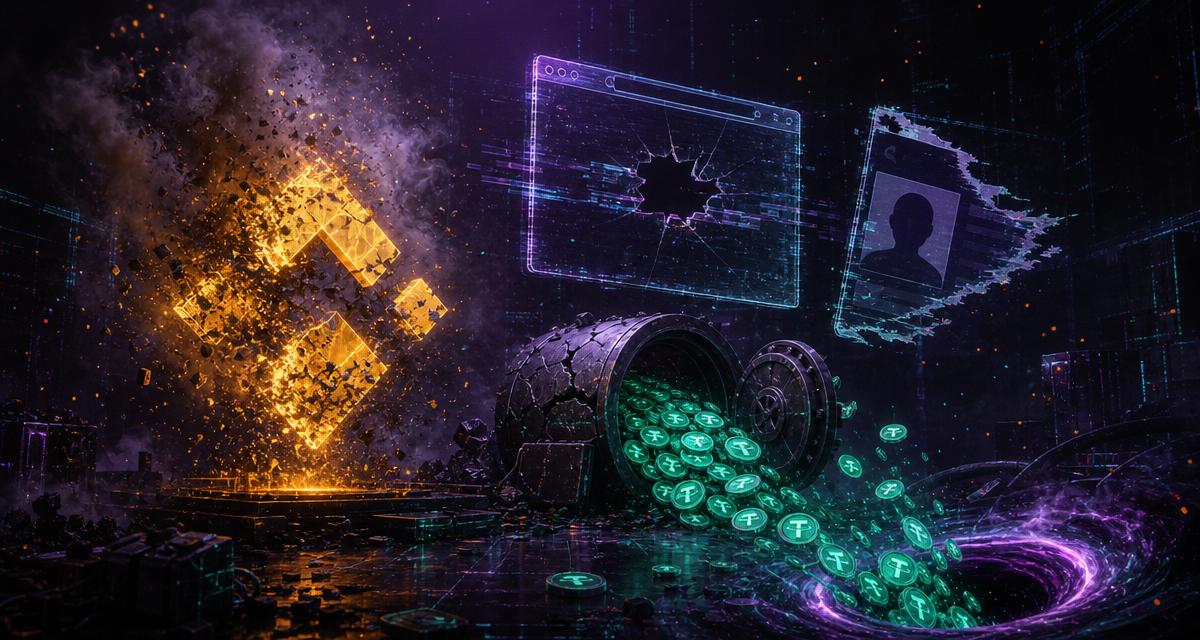 Emblema dorado de BNB Chain estallando, ventana de navegador rota y USDT verde vertiéndose hacia un portal — rug pull de CodexField