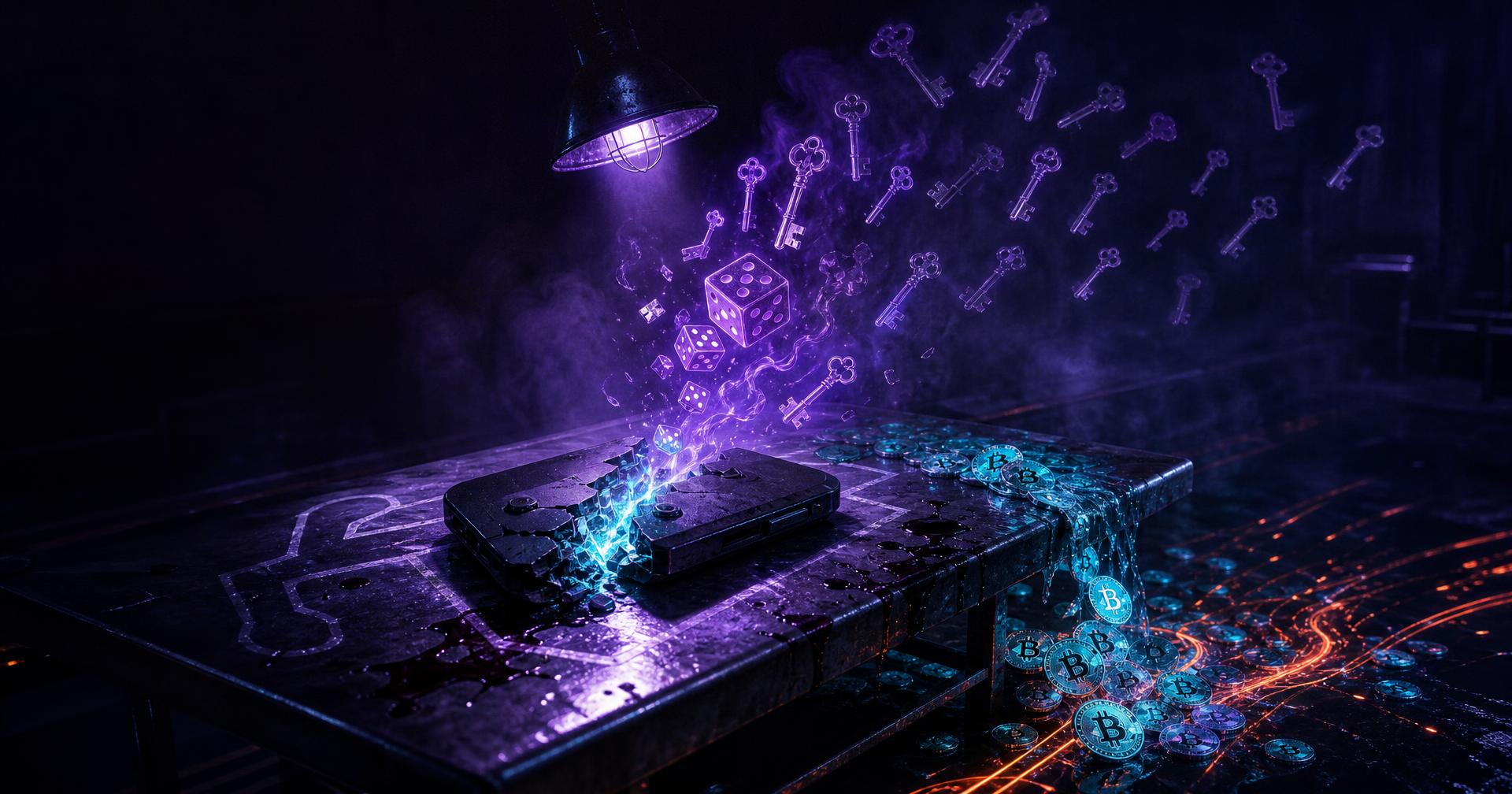 Investigación Coldcard 2026: wallet de hardware rota sobre una mesa de escena del crimen, dados violeta y llaves duplicadas saliendo del keygen mientras bitcoins cian se derraman en carreras de comisiones RBF — CryptoStrapon