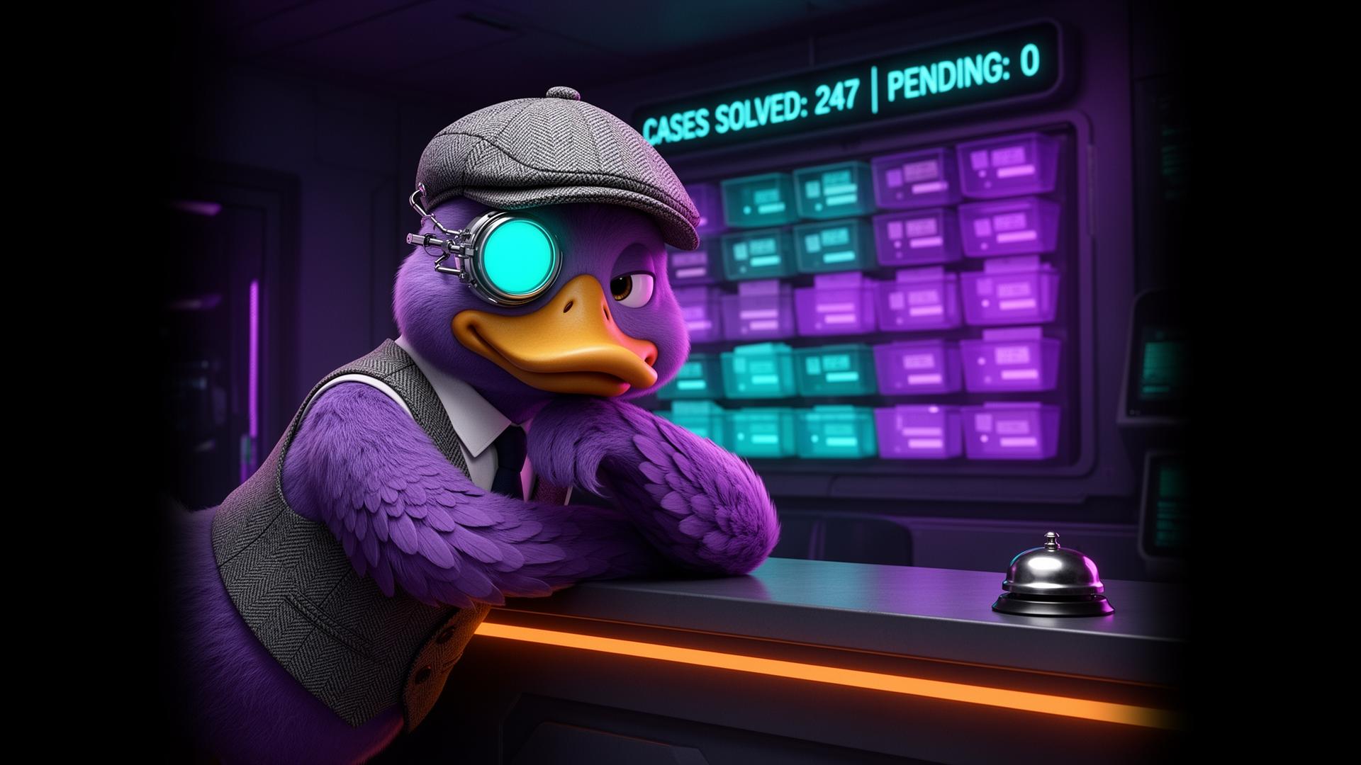Cyberpunk duck detective leaning on futuristic reception counter with digital cases solved ticker and glowing service bell