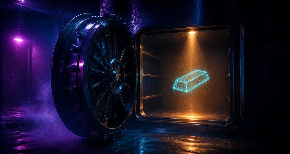 Fake gold-backed token investigation 2026: an open bank vault in a smoke-filled violet corridor, empty steel shelves, and a single cyan wireframe hologram of a gold bar hovering in an orange spotlight beam — CryptoStrapon