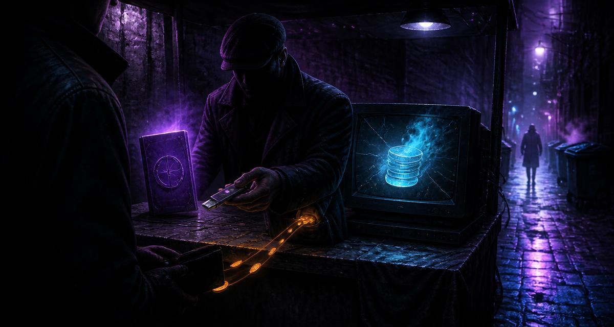 Investigación 2026 sobre el software «flash USDT»: un vendedor con gorra plana ofrece una caja de software violeta y un USB mientras un monitor agrietado muestra un saldo fantasma y monedas naranjas salen de la cartera del comprador — CryptoStrapon