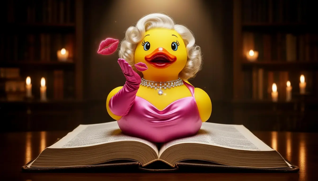 Glamorous Marilyn Monroe-style rubber duck with platinum curls, pink satin dress, opera gloves and diamond necklace, sitting on an open antique dictionary in a luxury library, blowing a kiss with floating hearts