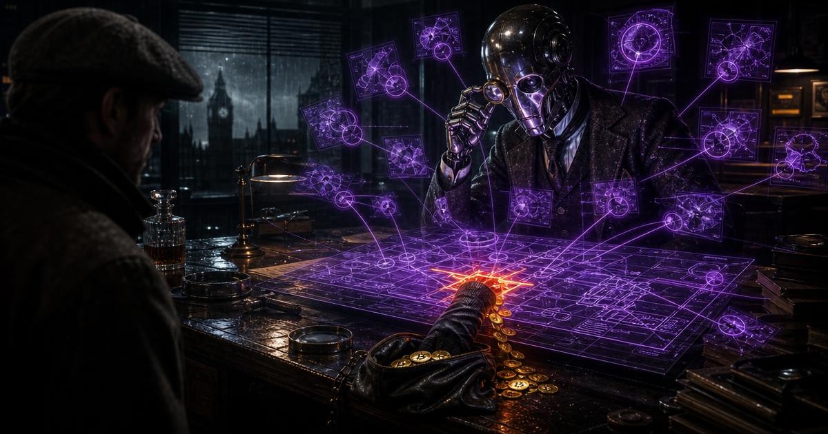 Hallucinated AI audit investigation 2026: a violet robotic eye projects a cyan beam over a smart contract scroll, circling clean sections in red while a real orange crack goes unmarked — CryptoStrapon