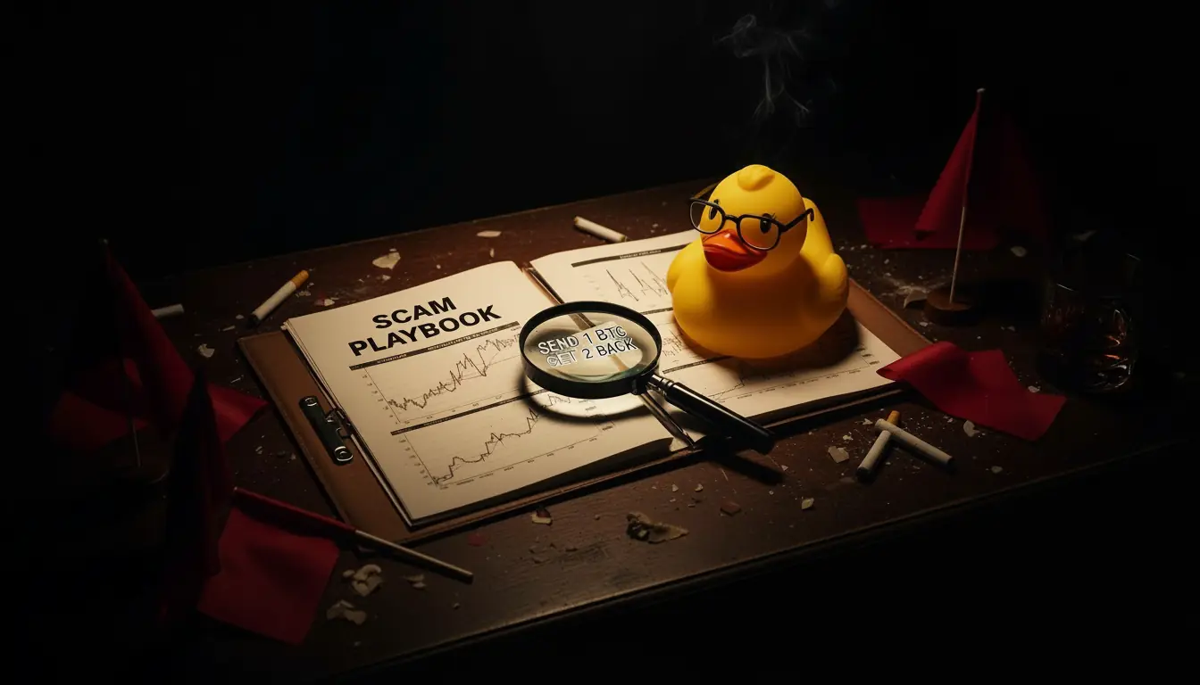 Escritorio de investigación con manual de estafas, lupa y pato detective