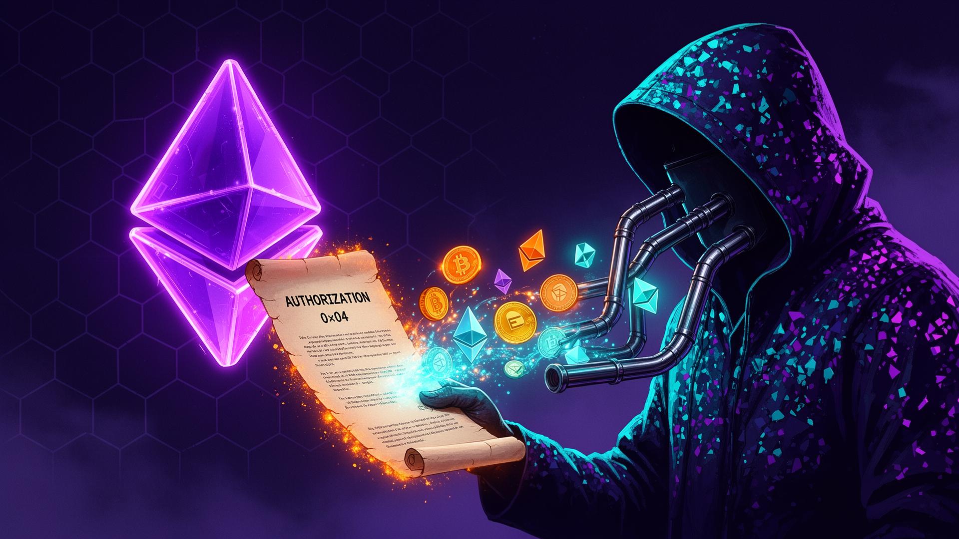 CryptoStrapon Investigation: Cracked Ethereum diamond emits cyan waveform signature toward silhouette victim's wallet, purple drainer tendrils emerge from shadows — EIP-7702 exploit visualized