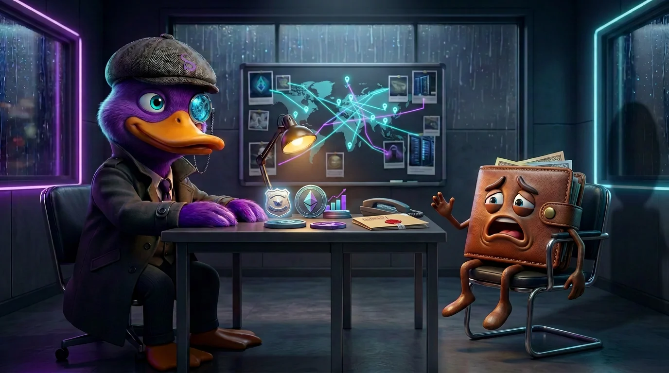 Cybercrime evidence desk tracing stolen cryptocurrency from a wallet to an official report