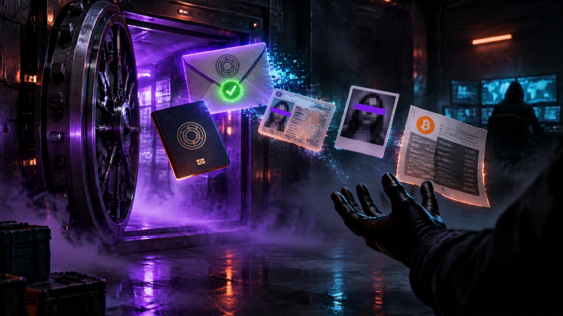 Open bank vault releasing a passport, KYC selfie and a statement with Bitcoin addresses toward a gloved hand after a fake government email passed verification