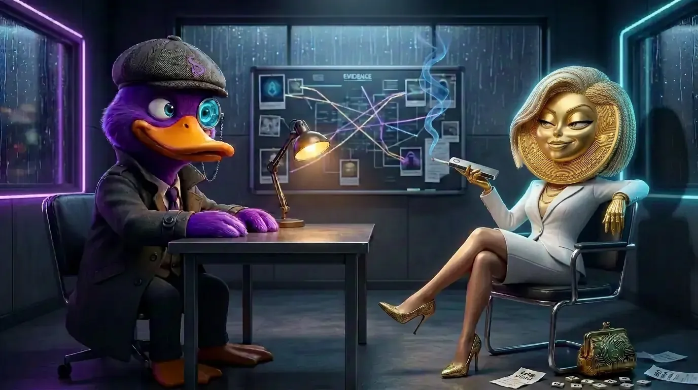El detective S, un pato detective morado con monóculo, interroga a una moneda cripto dorada vestida de femme fatale en una sala de interrogatorio ciberpunk