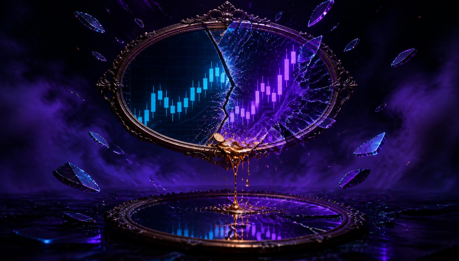Cracked oracle sphere leaking neon violet onto a fractured stablecoin — price manipulation pattern